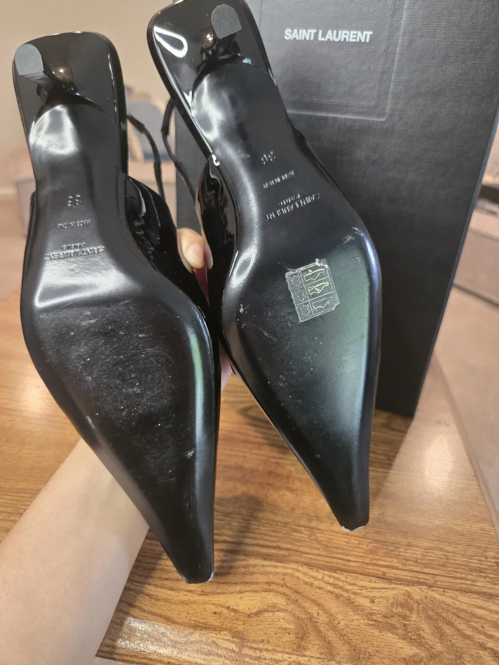 Saint Laurent Black Patent Slingback Pumps with Gold Accent - Picture 8 of 11